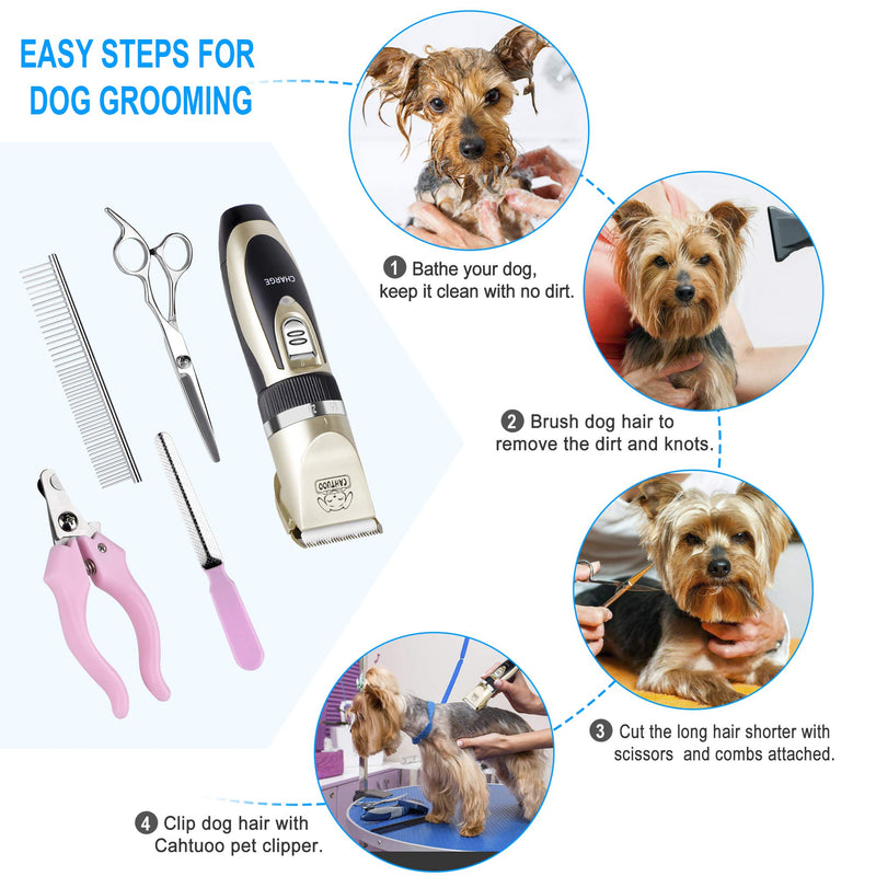 [Australia] - CAHTUOO Dog Grooming Clippers, Professional Pet Grooming Kit Rechargeable Pet Shaver Cordless Silent Dog Hair Trimmer with 4 Comb Attachments & Extra Tools for Dogs Cats and Pets Gold 