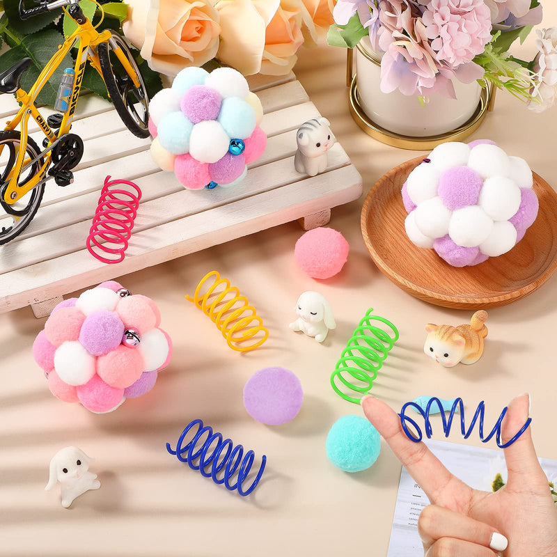 10 Pieces Cat Toys Balls Set Includes 3 Pieces Soft Furry Cat Pom Pom Ball with Bell 3 Colors Plush Pompon Ball and 4 Colors Cat Spring Toy for Cats to Swat, Interactive Cat Toys Hunt to Kill Time - PawsPlanet Australia