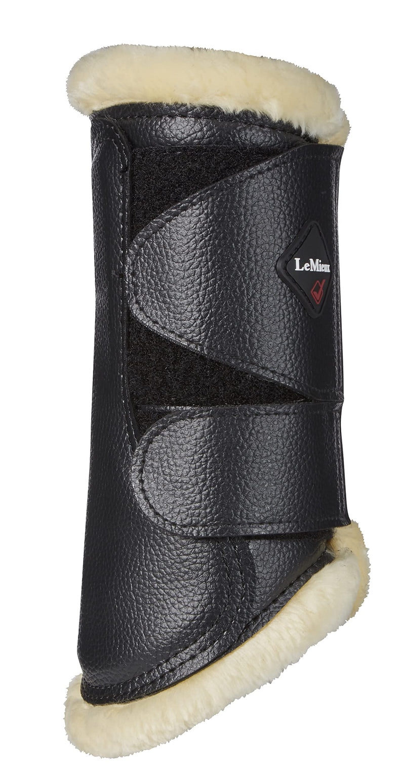 LeMieux Fleece Lined Horse Boots with Grained Faux Leather & Diamond Shaped Top Strap for Schooling, Turnout, Warming Up, Riding - M Black / Natural - PawsPlanet Australia