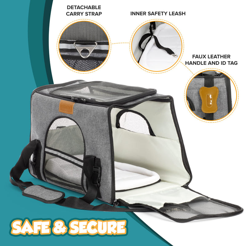 Petlicity Pet Carrier Linen Effect Folding Bag With Top And Side Opening, Removable Mat, Pet Dog Cat Puppy Transport, Breathable Mesh, Polar Fleece, Faux Leather with shoulder Strap (M (up to 17lb)) M (up to 17lb) - PawsPlanet Australia