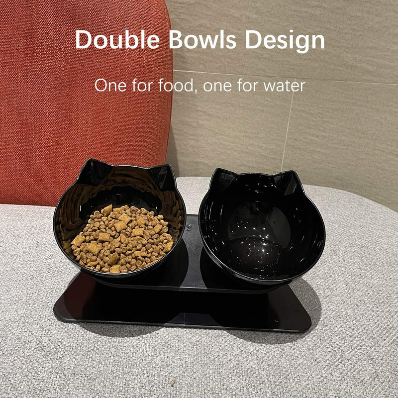 Luck Dawn Double Elevated Cat Bowls with Raised Stand, 15 Tilted cat Bowl Design Neck Guard Stand Raised Pet Food Water Feeder Bowl for Cats or Small Dogs Black Stand with 2 Black Bowls - PawsPlanet Australia