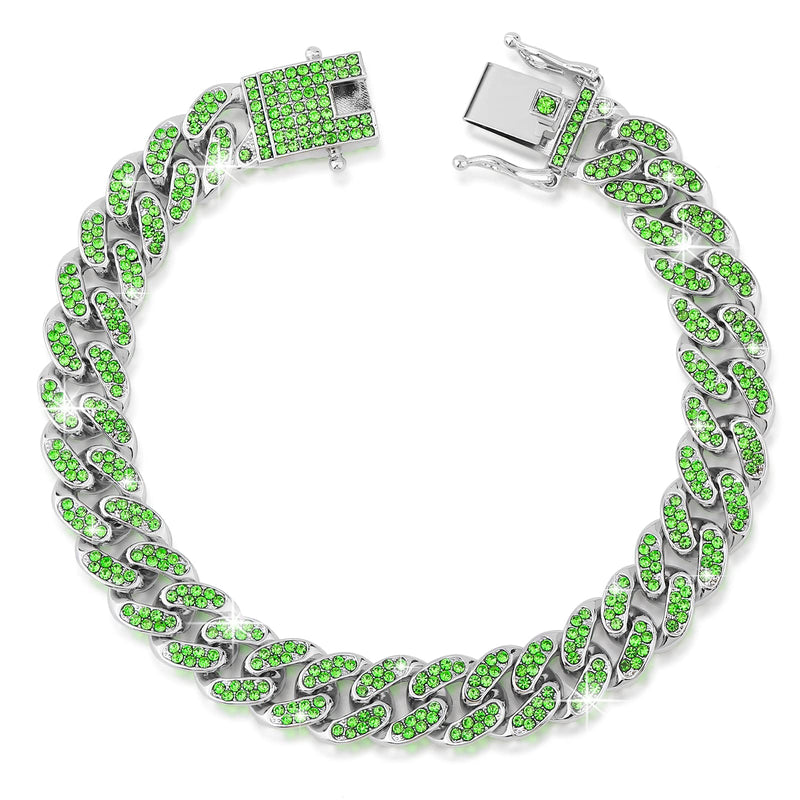 Glitter Dog Chain Collar Green Silver Diamond Dog Collars Cuban Dog Chains Necklace Puppy Pet Metal Link Chain with Design Secure Buckle Pet Jewelry Accessories Chain for Small Medium Dogs Cats 10inch - PawsPlanet Australia
