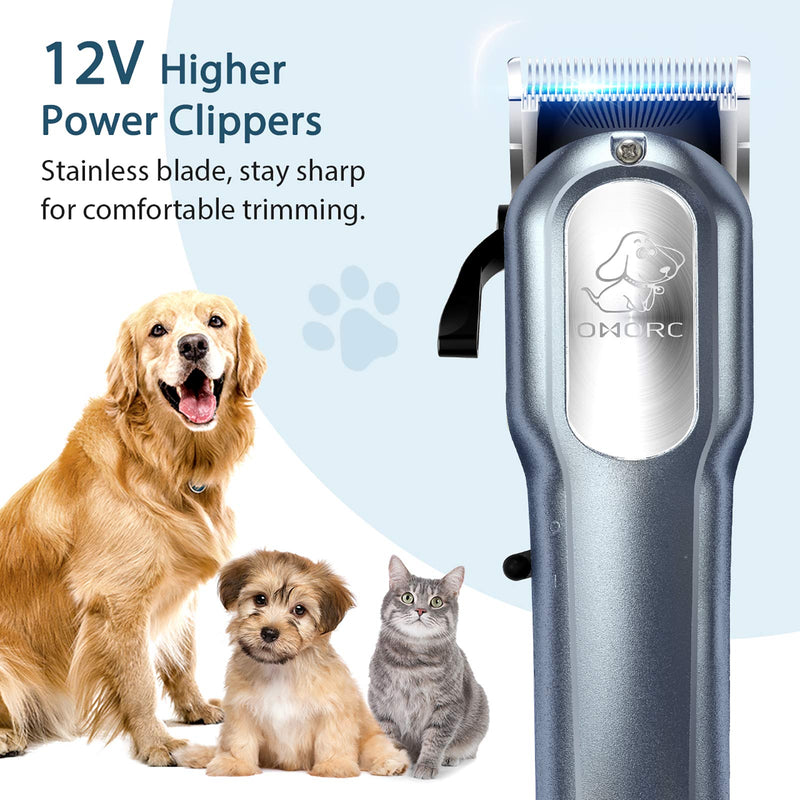 OMORC Dog Clippers with 12V High Power for Thick Coats, Professional Heavy Duty Dog Grooming Kit, Plug-in & Quiet Pet Clippers with 8 Comb Guides, 1 Scissor, 1 Comb, 1 Cleaning Brush Blue - PawsPlanet Australia