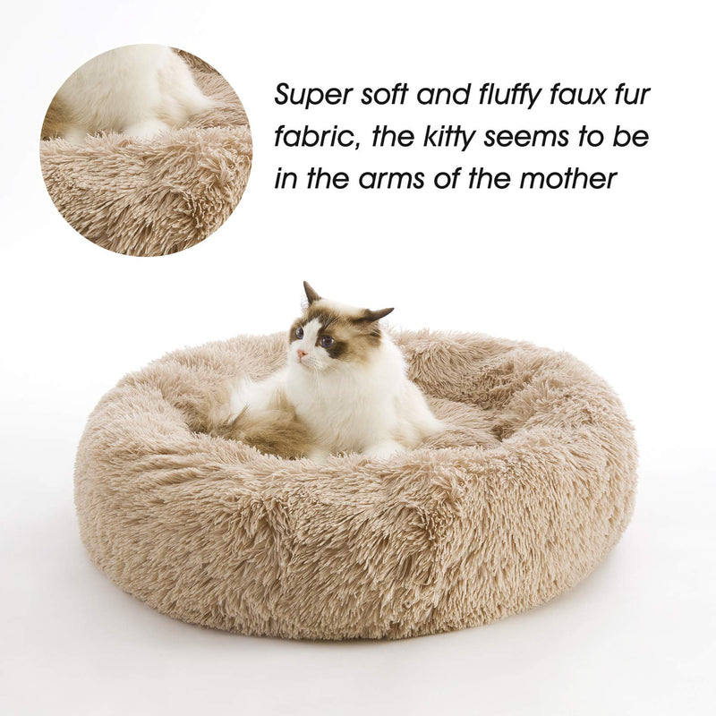 Calming Dog Bed & Cat Bed, Anti-Anxiety Donut Dog Cuddler Bed, Warming Cozy Soft Dog Round Bed, Fluffy Faux Fur Plush Pet Dog Cat Cushion Bed for Small Medium Dogs and Cats (20"/24"/27") 20" Brown - PawsPlanet Australia