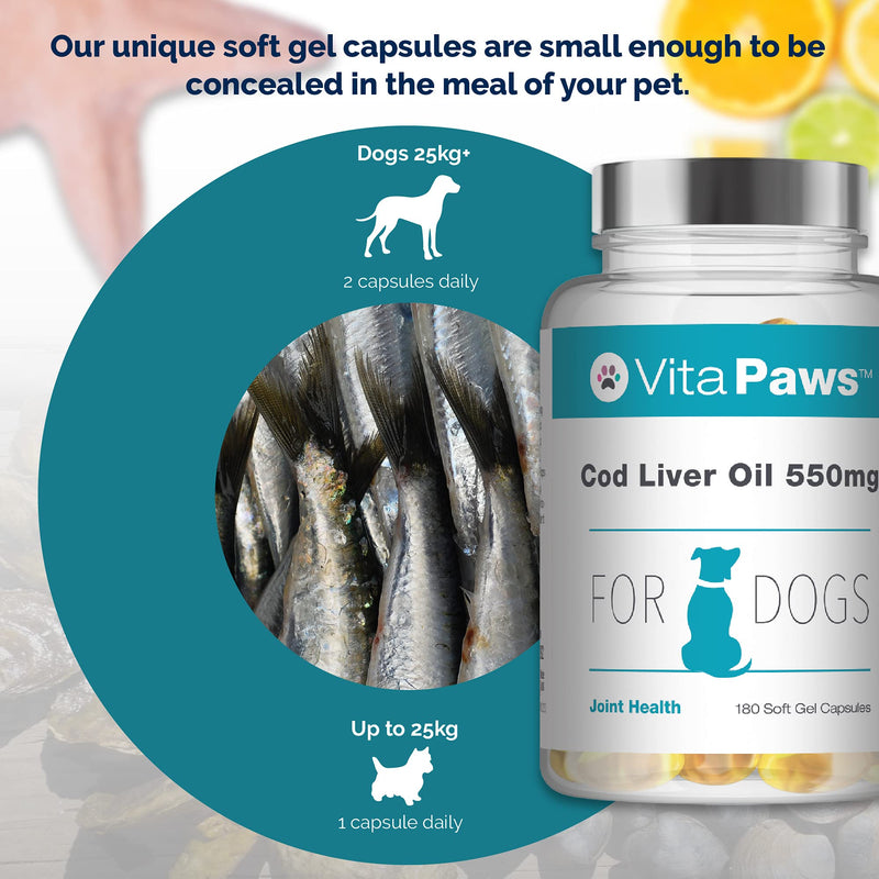 Cod Liver Oil for Dogs 550mg | 180 Soft Gel Capsules | Support The Health of The Skin and Coat | Manufactured in The UK - PawsPlanet Australia