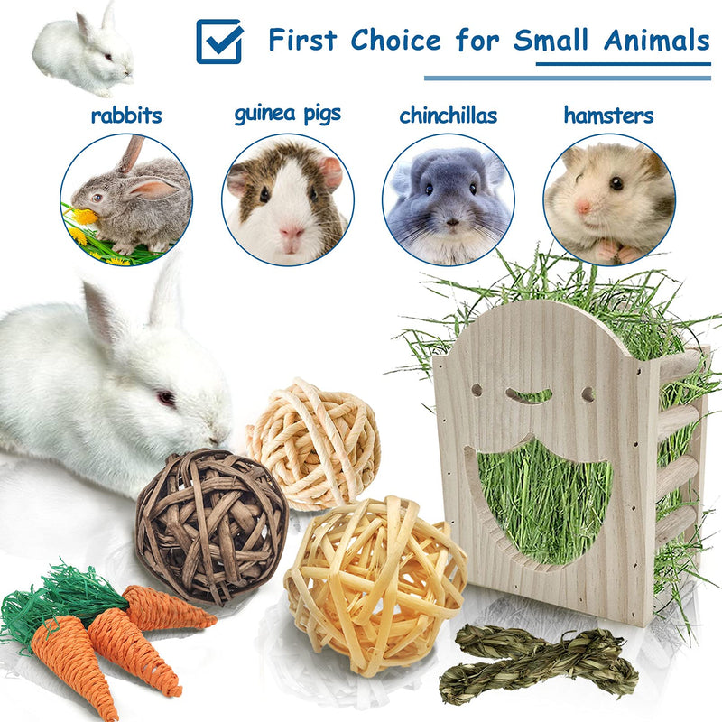 Hamiledyi Wood Rabbit Hay Feeder for Cage Bunny Hay Manger Rack Small Animals Feeding Holder Wooden Grass Dispenser with Chew Toys for Guinea Pig Chinchilla Hamster 9Pcs - PawsPlanet Australia