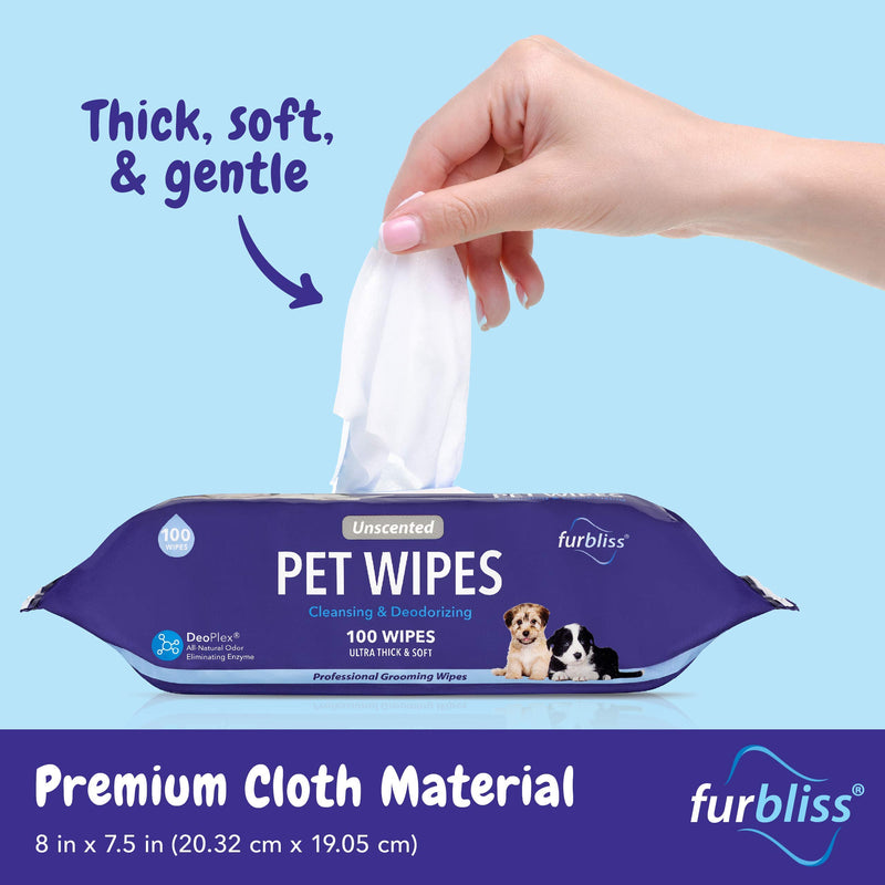 [Australia] - Furbliss Hygienic Pet Wipes for Dogs & Cats, Cleansing Grooming & Deodorizing Hypoallergenic Thick Wipes with All Natural Deoplex Deodorizer 100ct Pack Unscented 100ct Pouch 