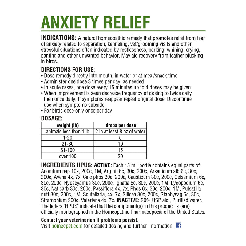 HomeoPet ANXIETY RELIEF - 100% Natural Pet Medicine. Fear anxiety or stress from separation kennelling vet/grooming visits for dogs cats rabbits birds. Pets of all ages. 15ml/up to 90 doses per bottle - PawsPlanet Australia