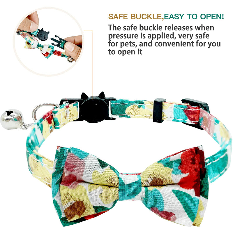 KUDES 2 Pack Breakaway Cat Collar with Removable Bow Tie and Bandana, Cute Floral Pattern Kitten Bowtie Collar Bandana Collar with Bells for Cats Puppy, Adjustable from 7.5-10.8 Inch (Colorful Flower) Colorful Flower - PawsPlanet Australia
