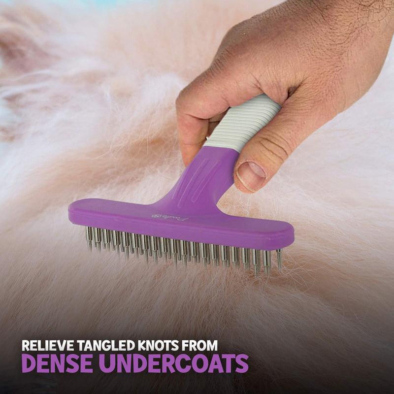 Poodle Pet Dog Grooming Rake| Dematting Tool with Stainless Steel Shedding Comb for Pets | 2 Rows of Pins Gently Remove Loose or Tangled Hair from Undercoat | Purple Handle - PawsPlanet Australia