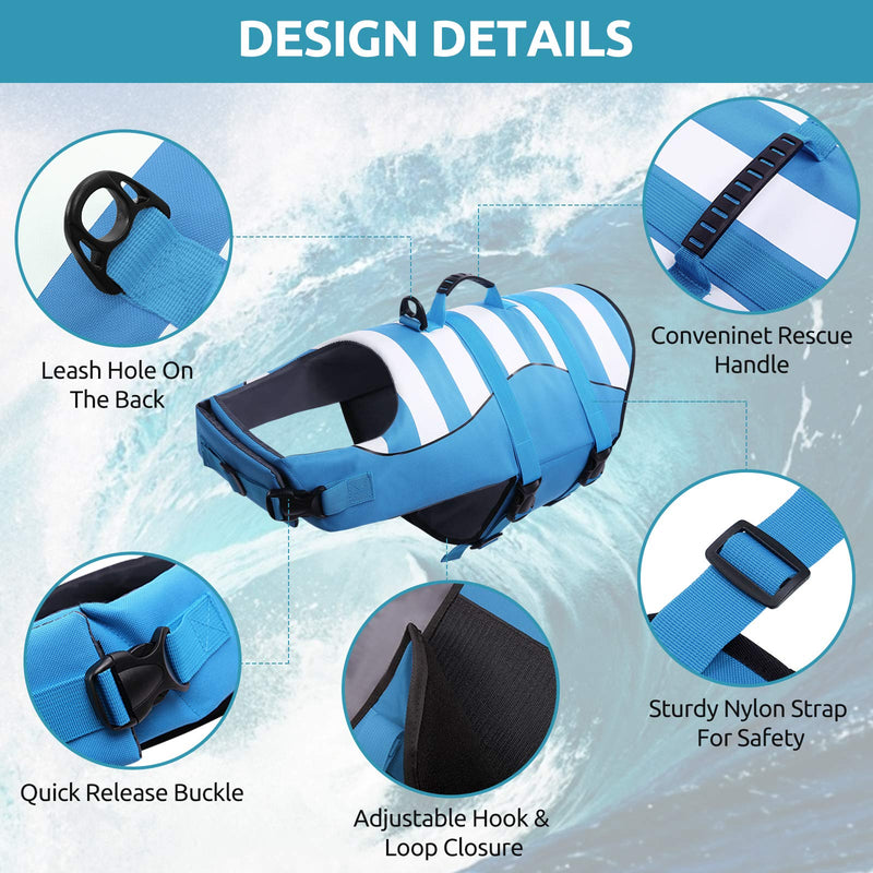 Phyxin Dog Life Jacket, Adjustable Dog Life Vest for Swimming, Striped Puppy Life Jacket, Pet Life Preserver with Leash Hole, for Small Medium Large Dogs X-Small Blue - PawsPlanet Australia