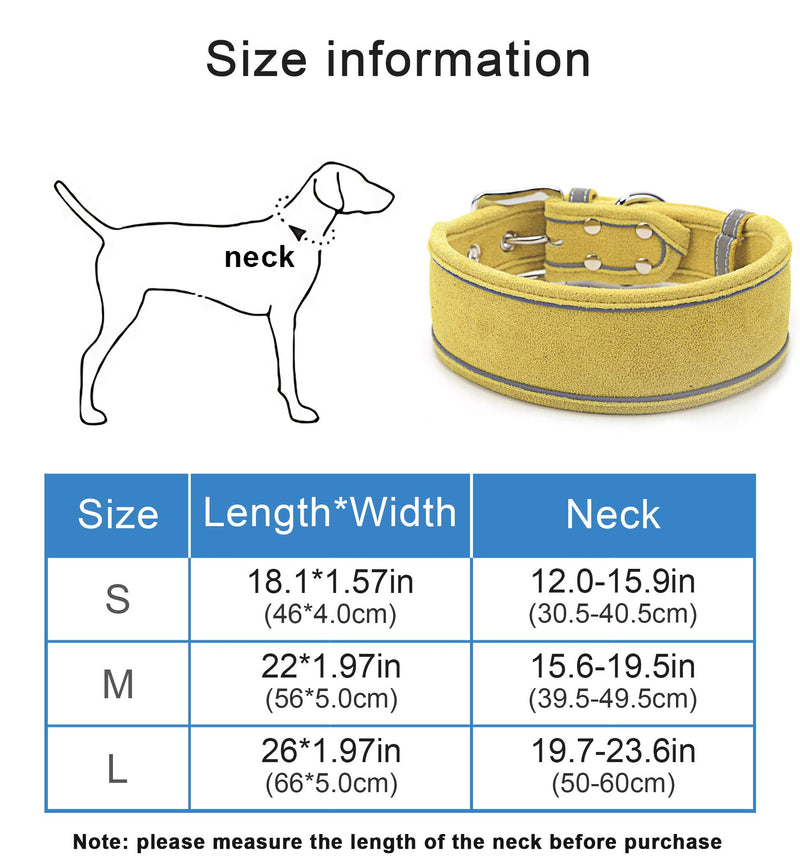 SEKAYISORE Super Soft Suede Dog Collar, Adjustable Reflective Dog Collars with D Ring, Comfort Pet Collar for All Breeds, 2" Width, Yellow M M: Fit 39.5-49.5cm neck, length 56cm - PawsPlanet Australia