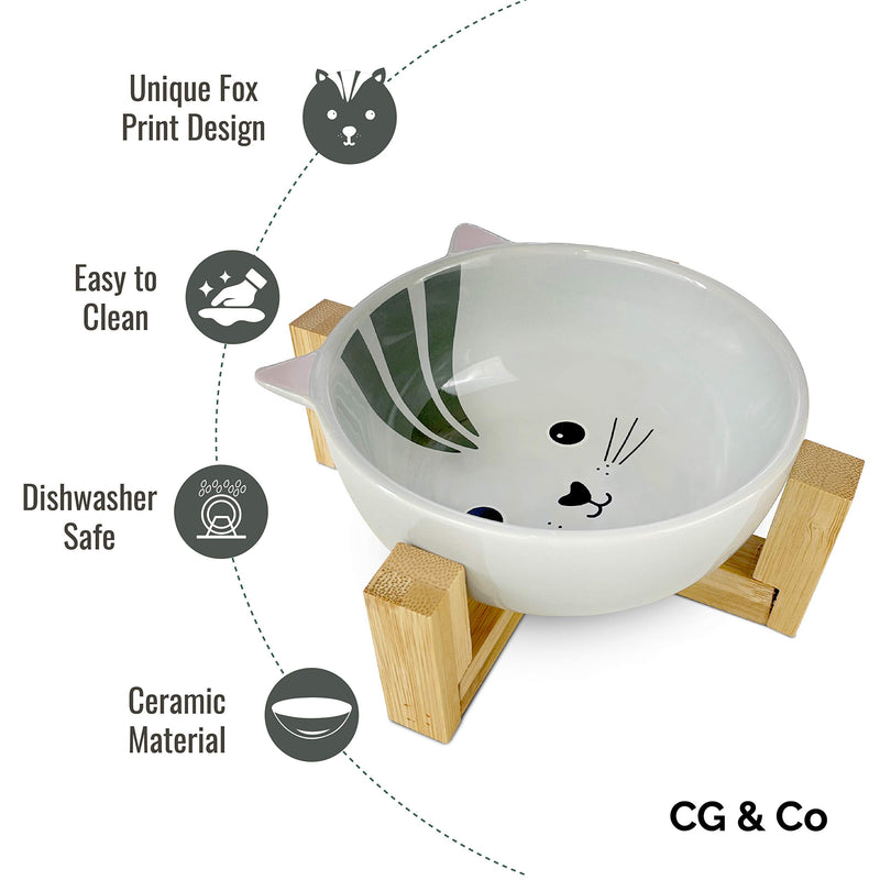 Ceramic cat feeding bowl, raised with wood stand for neck support, cat food bowl, pet food bowl, water feeding bowl for cats and small dogs, no spill feeding bowl (Cat) - PawsPlanet Australia