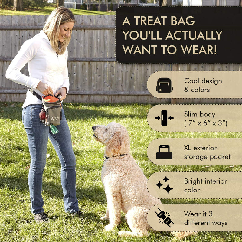 Upgraded Dog Treat Bag with Neoprene Split-Top; Stylish, Quality Dog Training Treat Pouch with XL Shoulder Strap, Belt and Belt Clip, Exterior Storage Pocket for XL Phone and Keys Charcoal Grey,Orange - PawsPlanet Australia