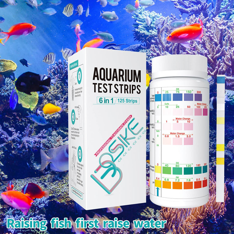 BOSIKE 6 in 1 Aquarium Test Strips Kit - 125 Fresh Water Fish Tank Testing Strips for Total Hardness, Nitrate, Nitrite, Cl2, Carbonate, Ammonia & ph Testing 125 Strips 6 in 1 - PawsPlanet Australia