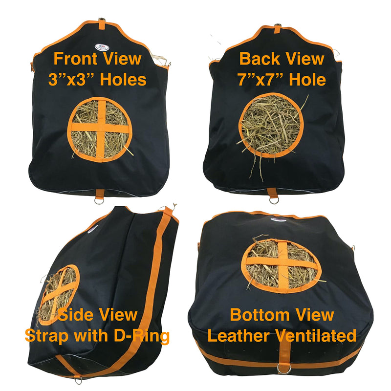 Majestic Ally Nylon Hay Feeder Tote Bag for Horse, Goat, Sheep - Double Sides Open Feed Hole with Faux Leather Ventilated Bottom- Premium Quality -Simulates Grazing - Reduces Waste BLACK - PawsPlanet Australia