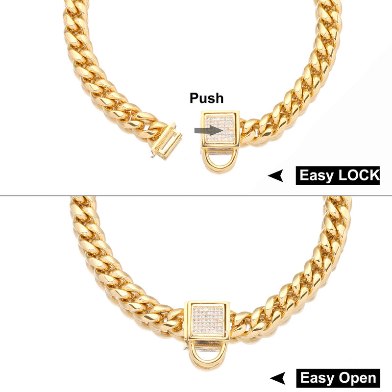 Jewelry Kingdom 1 Dog Chain Collar with Tag and Ice-Out Cubic Zirconia Stones Secure Buckle 18K Metal Stainles Steel Cuban Link Chain 6MM Walking Training Collar 10in to 20in for Dog Puppy Cats Kitty 10" (Fits cat Neck 8" to 9.5") - PawsPlanet Australia