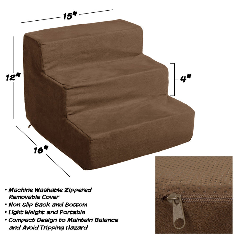 PETMAKER High Density Foam Pet Stairs Collection - Zippered Machine Washable Micro-Fiber Cover with Non-Slip Bottom Brown 3 Step - PawsPlanet Australia