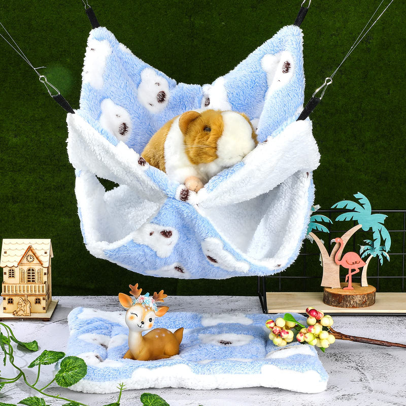 2 Pieces Guinea Pig Hamster Hanging Hammock and Mat Bed Set Soft Mat Bedding Cage Accessories Hideout Tunnel Cave Thicken Fancy Bunkbed Hammock for Rat Ferret Sugar Glider (Blue,Bear Pattern) Blue Bear - PawsPlanet Australia