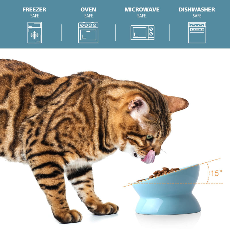 Nucookery Elevated Cat Food Water Bowl,Ceramic Raised Tilted Pet Feeder and Waterer Protect Pets' Spines,Small Dog Fat Faced Cat Kitten Supplies 5" Lake blue - PawsPlanet Australia