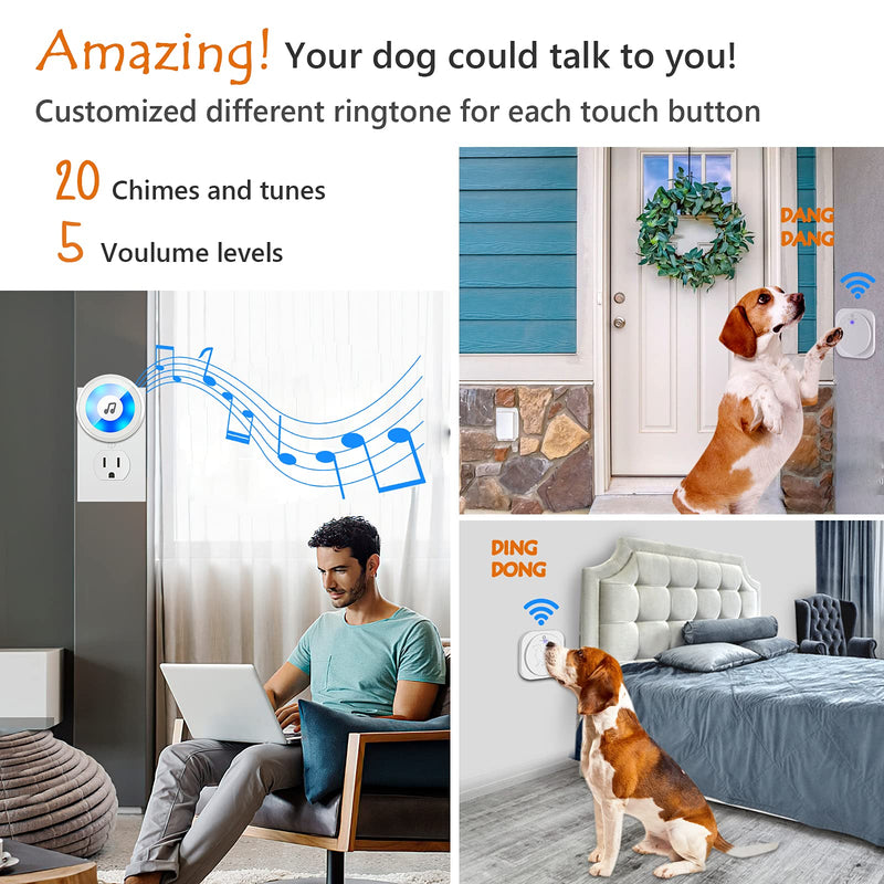 HYCTOPSON Dog Door Bell for Potty Training Wireless Dog Doorbell Touch Buttons Communication Bells for Dogs to Ring to Go Outside 1Receiver + 2Activators White - PawsPlanet Australia