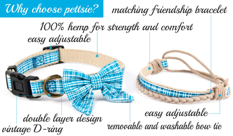 [Australia] - Pettsie Dog Collar Bow Tie & Owner Friendship Bracelet, Adjustable Size Small & Medium, Durable, Soft, Pet-Friendly Hemp with Fancy Cotton Pattern, Strong D-Ring for Easy Leash Attachment Blue 