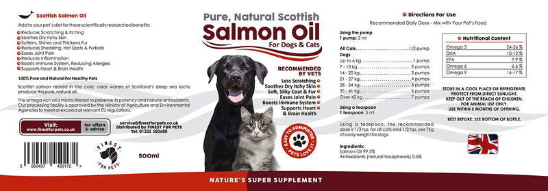 100% Pure, Natural Scottish Salmon Oil For Dogs, Cats, Horses and Pets. Omega 3, 6 & 9 Supplement For Skin, Coat, Joint, Heart & Brain Health. Results in 30 Days or Your Money Back (500ml) 500 ml (Pack of 1) - PawsPlanet Australia