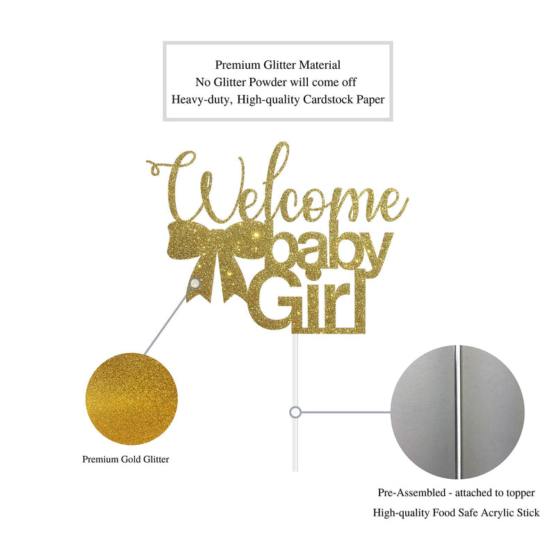Welcome Baby Girl with Ribbon Cake Topper for Girl Baby Shower Party Decorations with Premium Gold Glitter - PawsPlanet Australia