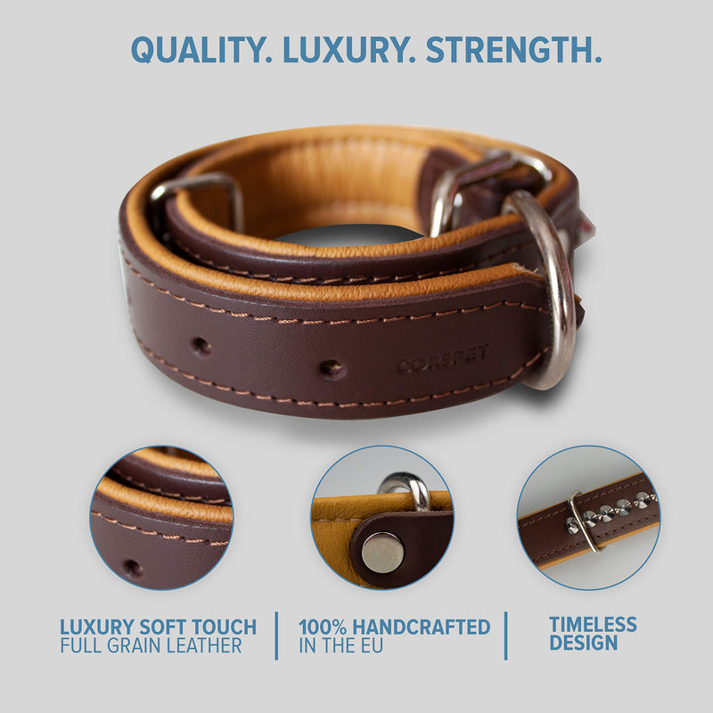 Corspet Full Grain Nappa Leather Dog Collar - Studded Leather Collar with Silver Nickel Plated Hardware | Super Soft Padded Double Sided | Extra Durable for Medium to X Large Dogs | Handmade in the EU Brown - PawsPlanet Australia