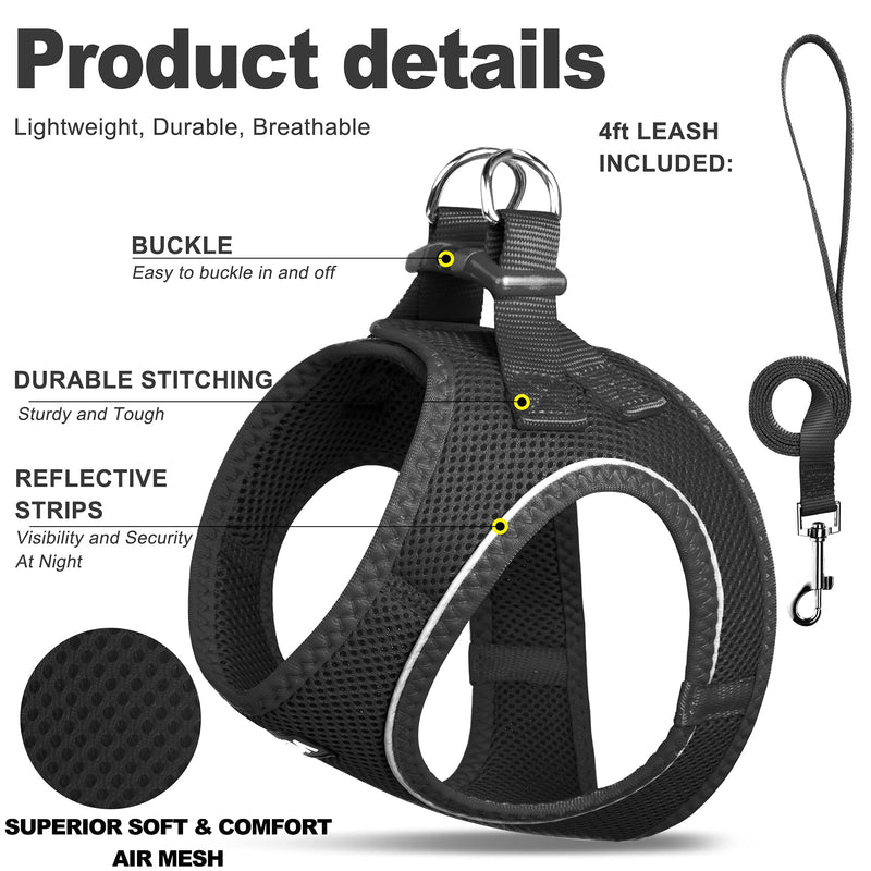 Fida Comfy Dog Harness with Leash, Cat Vest Harness Escape Proof, Breathable Lightweight Soft Mesh, Adjustable Reflective Step-in Harness for Extra-Small/Small and Medium Pet Walking XXXS (Neck:10.2"-11.4"; Girth:11.4"-12.6") Black - PawsPlanet Australia
