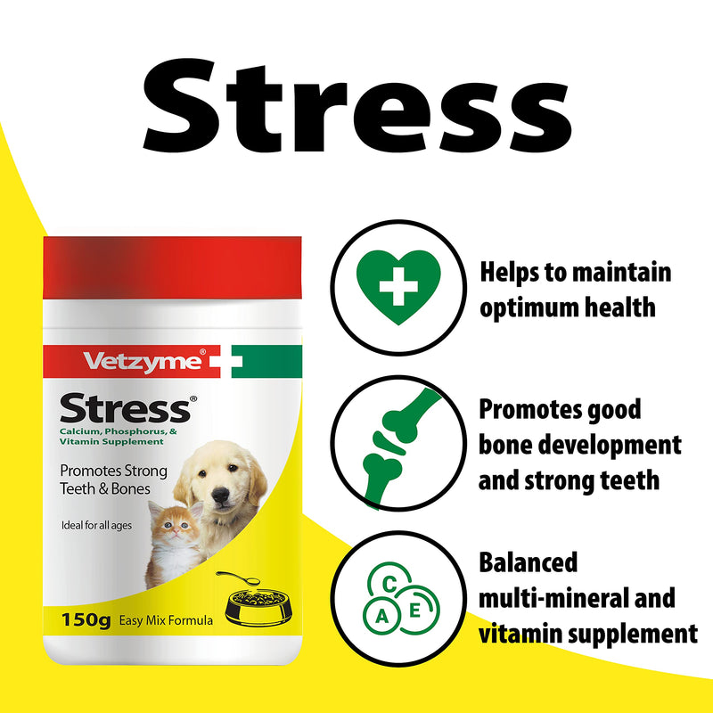 Vetzyme | Stress Powder for Dogs & Cats, Promotes Strong Teeth and Bones | Balanced Multi-Mineral and Vitamin Supplement | Easy Mix formula (150 g) - PawsPlanet Australia