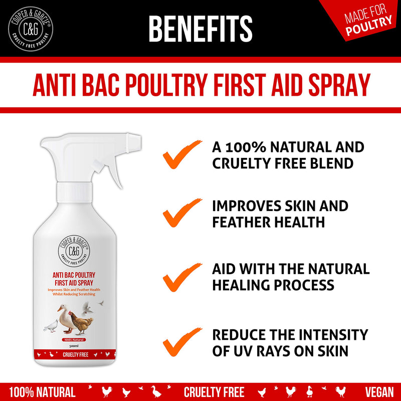 C&G Pets | Anti Bac Poultry First Aid Spray 500ml | Antiseptic Spray For Wounds | Improves Skin And Feather Health & Reduces Scratching | Natural Alternate To Iodine Spray & Purple Spray For Chickens - PawsPlanet Australia