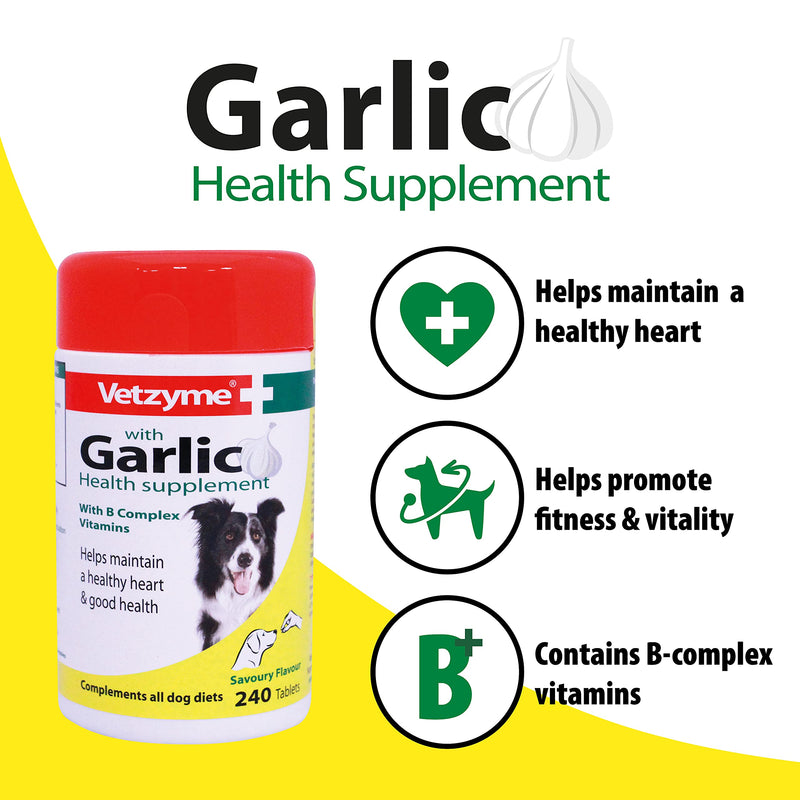 Vetzyme | Garlic Tablets for Dogs, Helps Maintain a Healthy Heart | Savoury Treat with B Complex Vitamins (240 Tablets) - PawsPlanet Australia