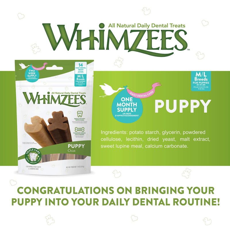 Whimzees Puppy Dental Treats Natural Grain Free Daily Chews, 3+ Months Old 20 Pack Medium Puppy (25-40lb) - PawsPlanet Australia