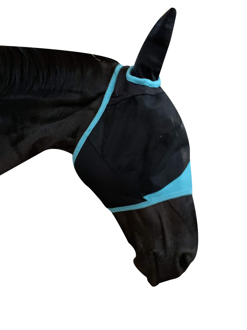 TGW RIDING Horse Mask with Ears Fine Mesh Warmblood Black/Turquoise - PawsPlanet Australia