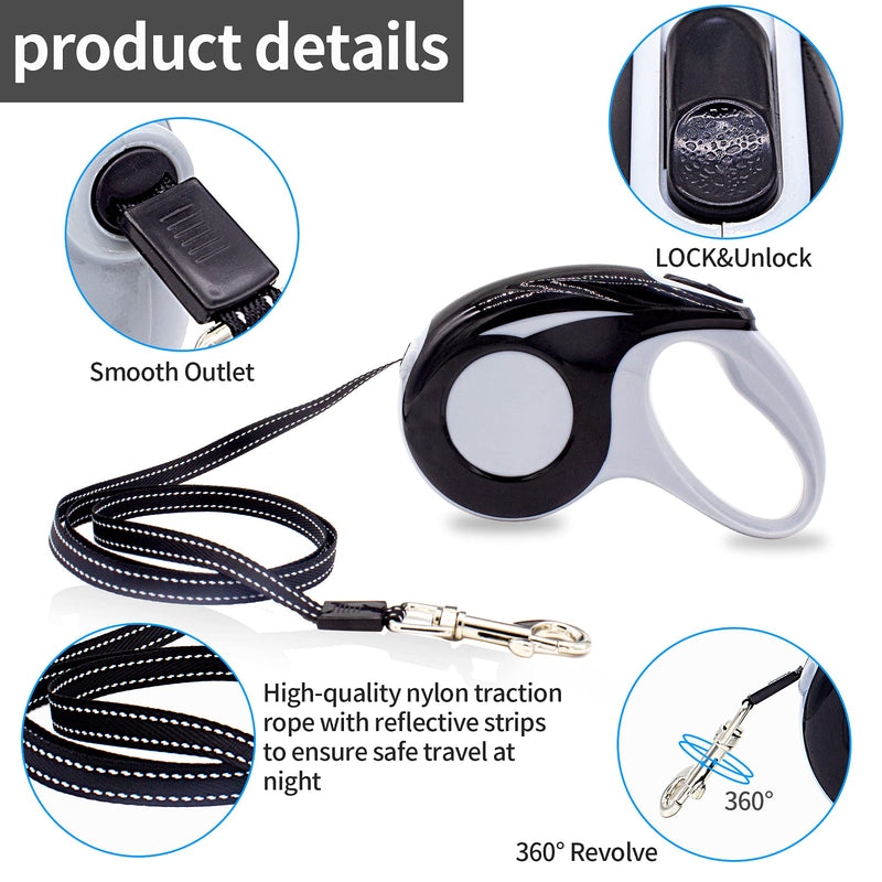 Retractable Dog Leash, 16-Foot Nylon Rope, One-Hand Brake, Suspension Lock, with Non-Slip Handle, Suitable for Small and Medium-Sized Dogs (Black) black - PawsPlanet Australia