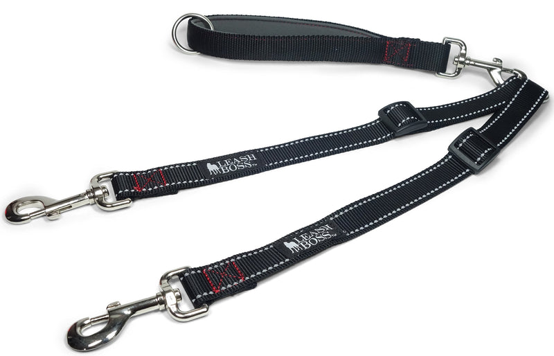 [Australia] - Leashboss Reflective Two Dog Leash Coupler and 12 Inch Short Leash with Padded Handle 12 Inch Handle, 11-20 Inch Coupler Black Reflective/Red/Grey 