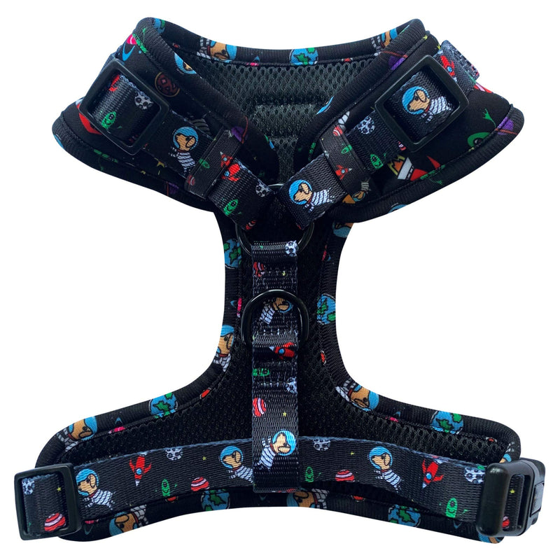 Wagnificent Boutique Adjustable Dog Harness Lightweight Comfortable Neoprene Soft Pet Vest with Durable Metal D-Ring to Attach a Leash featuring unique space pups design Medium - PawsPlanet Australia