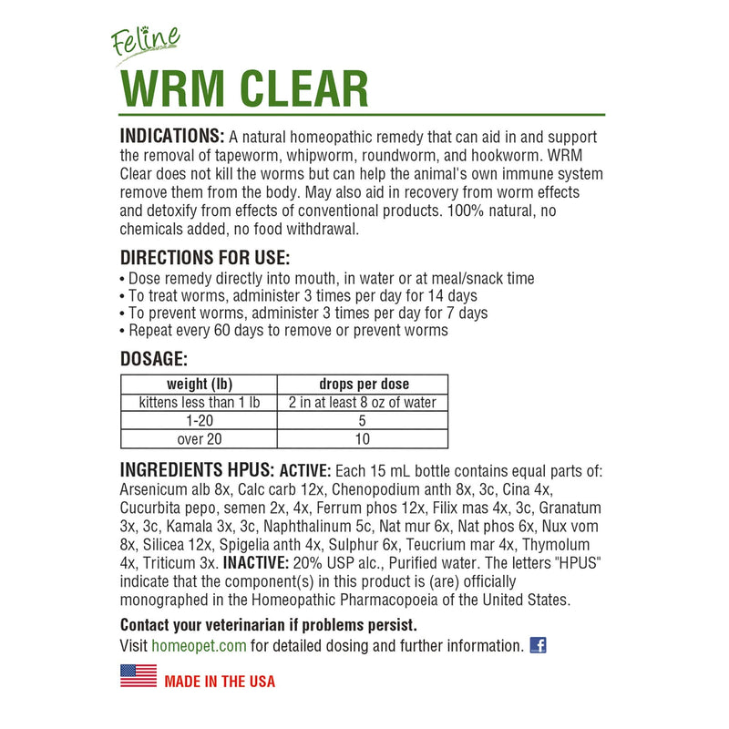 HomeoPet FELINE WRM CLEAR - 100% Natural Pet Medicine. For tapeworm, whipworm, roundworm, and hookworm. Non-chemical wormer. For kittens, adult and senior cats. 15ml/up to 90 doses per bottle - PawsPlanet Australia