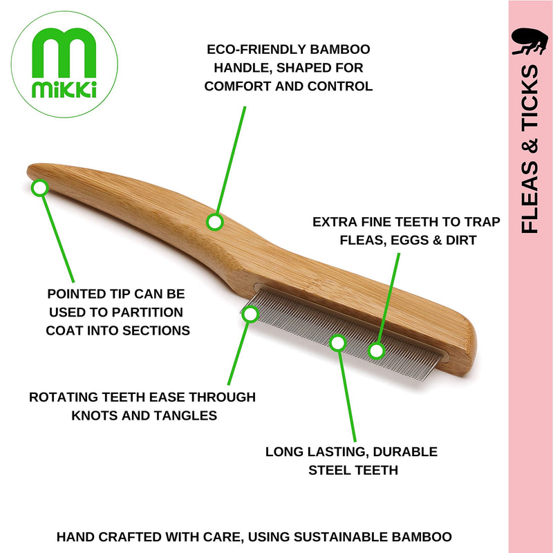 Mikki Bamboo Anti-Tangle Flea and Tick Removal Comb for Dog, Cat, Puppy, for All Coat Types, Removes Flea Eggs, Handmade from Natural Sustainable Bamboo - PawsPlanet Australia