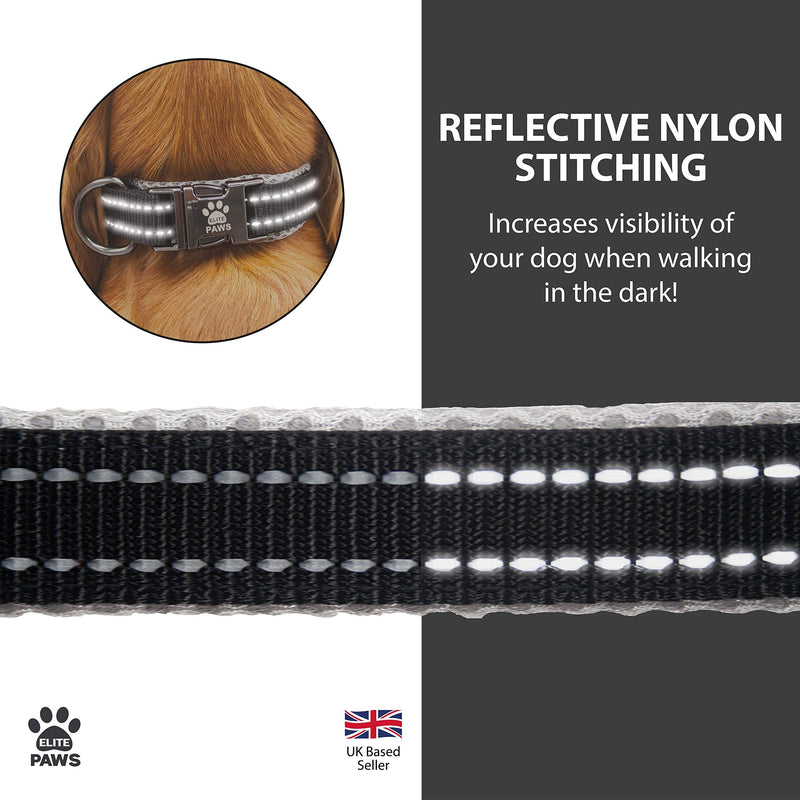 Elite Paws® UK. Premium Dog Collar Metal Buckle, Soft Padded Mesh, Reflective, Strong, Adjustable. Puppy Puppies XS Small Medium Large Extra XL Boy Girl Male Female Pet Breed (25cm-30cm Black/ Grey) Neck: 25cm-30cm - PawsPlanet Australia