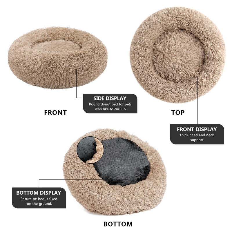 Calming Dog Bed for Small Dogs Cats Donut Dog Bed Pet Cushion Bed Plush Cat Bed Round Anti-Anxiety Dog Cuddler Bed Orthopedic Dog Bed, Machine Washable, 20inch Khaki. S (20''X20'') - PawsPlanet Australia