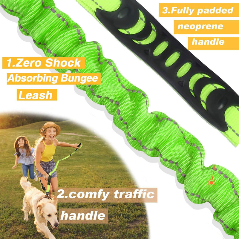 Bungee Dog Lead Shock Absorbing Strong Dog Leash with Car Seat Belt,Two Padded Handle No Pull Reflective Traffic Control,Pet Elastic Rope for Small Medium Large Dogs Green - PawsPlanet Australia