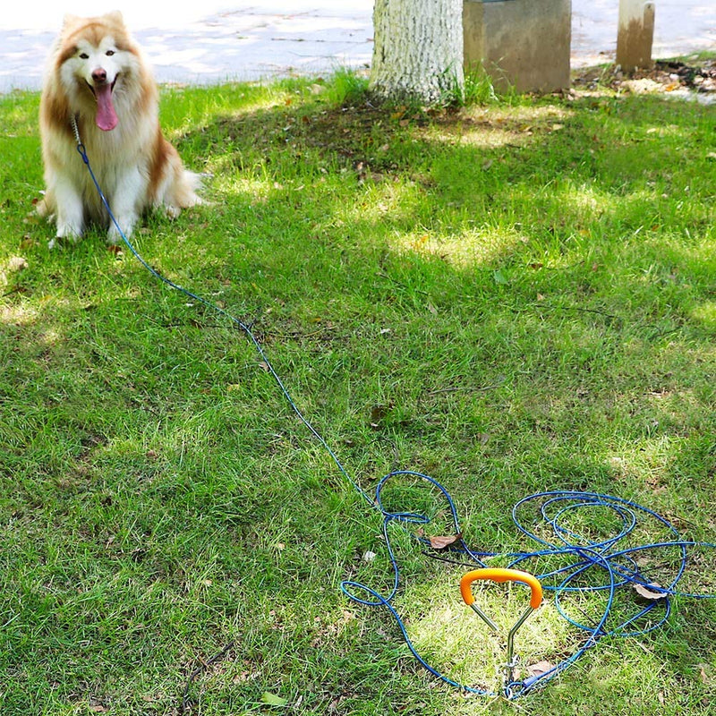 [Australia] - Petbobi 30 Feet Tie Out Cable Chew- Proof for Dog Stake with Durable Spring Rust- Proof Training Tether Reflective Training Runner Pet Lead Great for Playing, Camping and Backyard In Ground (Blue) 