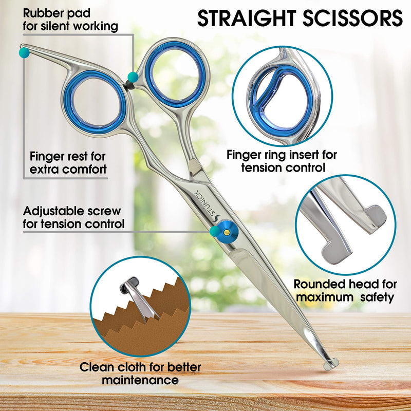 [Australia] - STÙNICK Professional Cat & Dog Grooming Scissor Set - Stainless Steel Straight and Curved Pet Scissors with Safety Round Tip - Heavy Duty Titanium Coated Thinning Shear and Pet Comb for Dogs and Cats 