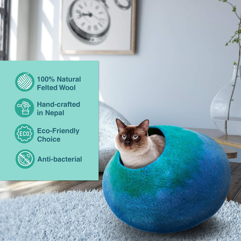 [Australia] - Juccini Handcrafted Felted Wool Cat Cave Bed for Cat and Kittens - Felted from 100% Natural Wool Green/Blue Cave Medium 