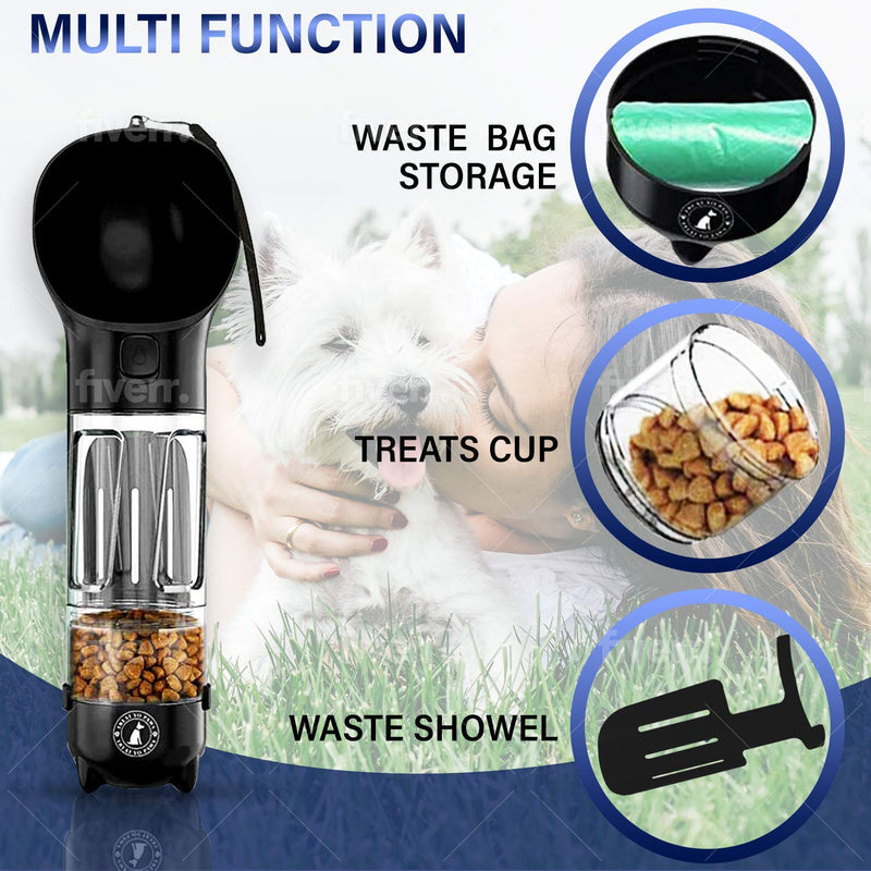 Treat Yo' Paws 3 in 1 Dog Water Bottle,Treats Cup & Waste Bags Dispenser (2 Bags & Stickers Included) 19 OZ Leak Proof for Hiking & Outdoors. - PawsPlanet Australia