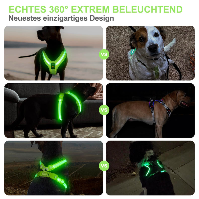 PZRLit Luminous Dog Harness, Luminous Harness for Dogs, Rechargeable, Luminous Dog Harness, LED, Luminous Harness for Dogs, Reflective with Light, Safety in the Dark-Green, Medium Green - PawsPlanet Australia