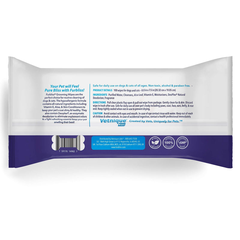 Furbliss Hygienic Pet Wipes for Dogs & Cats, Cleansing Grooming & Deodorizing Hypoallergenic Thick Wipes with All Natural Deoplex Deodorizer by Vetnique Labs Refreshing Scent 100ct Pouch - PawsPlanet Australia