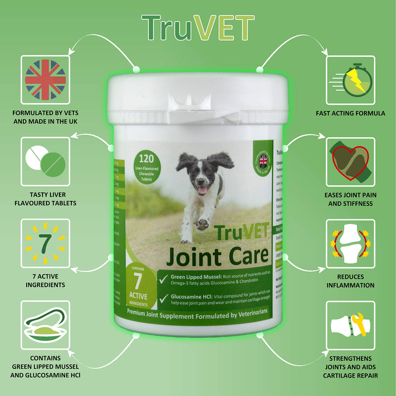 TRU VET Dog Joint Care Supplements Tablets Glucosamine Green Lipped Mussel Powerful Glucosamine HCI Green Lipped Mussel Joint Care Nutrients for Dog Aids Stiff Joints, Supports Joint Structure 120 - PawsPlanet Australia